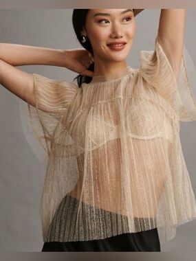Anthropologie Sarah Hann Jody Sheer Top Blouse Neutral Shimmer Size Medium NWT